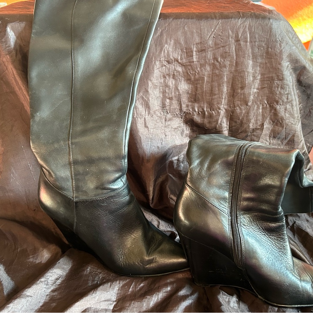 Nine West Black Leather Wedge Boots